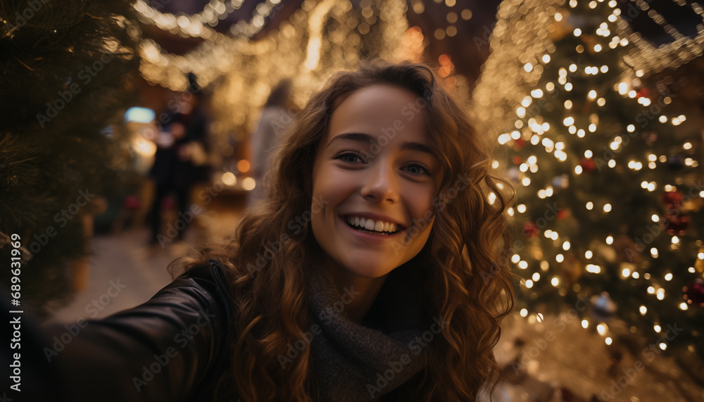 happy young girl takes a selfie against the background of a Christmas tree. a woman is filming her video blog. portrait of a woman on a bokeh background. happy young girl takes a selfie against the background of a Christmas tree. a woman is filming her video blog. portrait of a woman on a bokeh background.