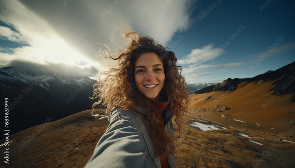 happy young girl takes a selfie in the mountains. a woman is filming her travel vlog. happy young girl takes a selfie in the mountains. a woman is filming her travel vlog.
