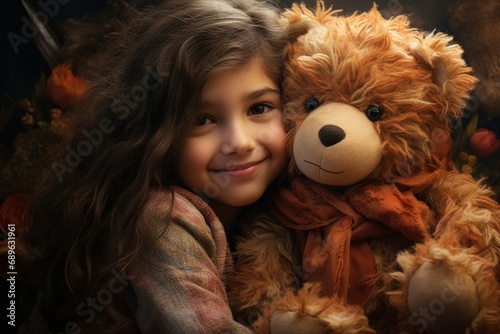 A smiling young girl in a cozy scarf hugs her teddy bear, radiating warmth and happiness © AI Visual Vault