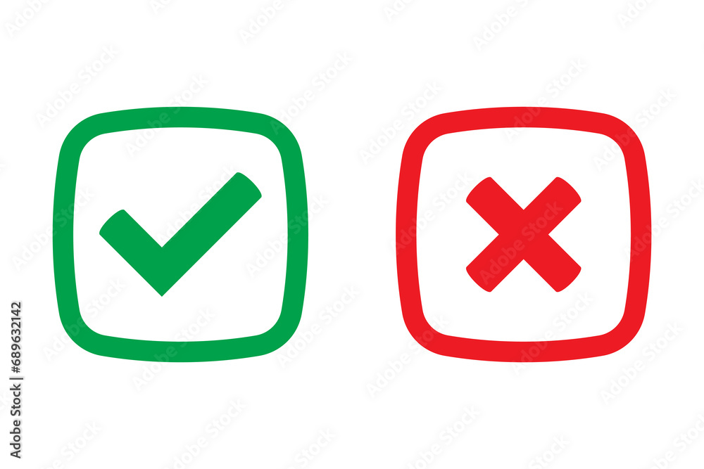 Green tick and red cross checkmarks in flat icons. Yes or no symbol, approved or rejected icon for user interface. Green tick and red cross checkmarks in flat icons. Yes or no symbol, approved or rejected icon for user interface.