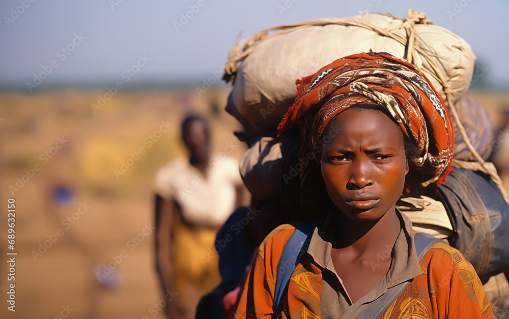 Young African refugee from Rwanda or Congo, carrying belongings, resilience.
