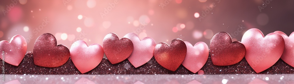 A row of shimmering hearts in shades of pink and red against a glittery backdrop with soft bokeh lights, creating a romantic atmosphere with space for text. Valentine's Day banner.