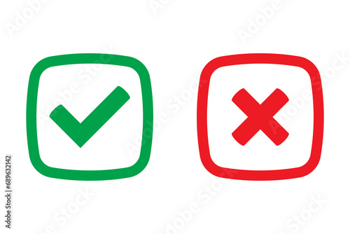 Green tick and red cross checkmarks in flat icons. Yes or no symbol, approved or rejected icon for user interface. photo