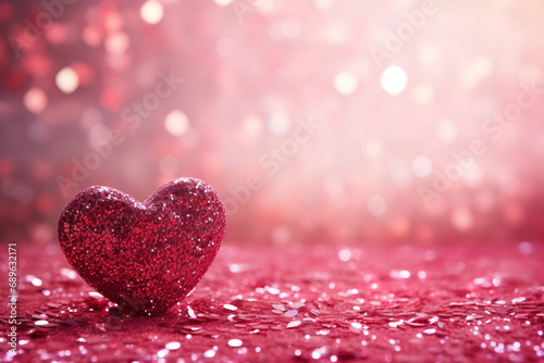 Glittering pink heart against dreamy backdrop with beautiful bokeh lights. Shining Valentine's Day background with empty, copy space for text. Particles, confetti. Greeting card design.