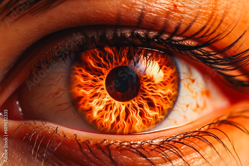 Beautiful eye of a female person. Burning glowing fire in the eye iris. Brown color with long, dark lashes. Natural makeup. Reflection of fire.