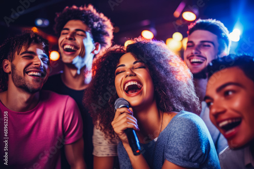 Group of diverse young friends singing at a karaoke party in a night club, laughing and having fun together. Graduation, new year or birthday party.