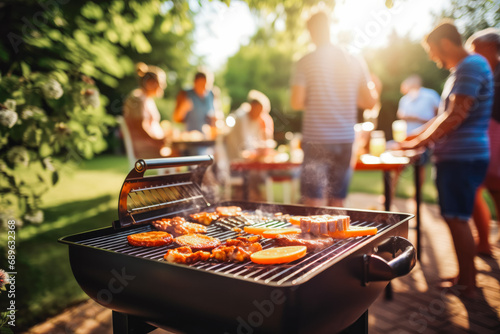 Family and friends having a picnic barbeque grill in the garden. Enjoying summer days, celebrating, birthday party, having lunch.