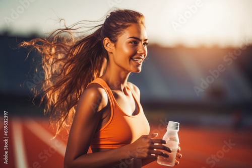 Beautiful woman sprinter athlete on track holding and drinking cold isotonic water. Preparing for training on stadium. Sweaty after exercises.