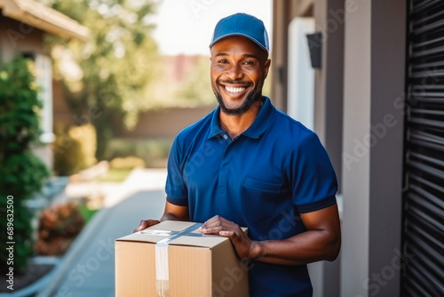 Older mature handsome smiling delivery mailman person delivering parcel cardboard box in front of a house door. Afro american in uniform. photo