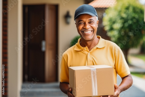 Older mature handsome smiling delivery mailman person delivering parcel cardboard box in front of a house door. Afro american in uniform. © VisualProduction