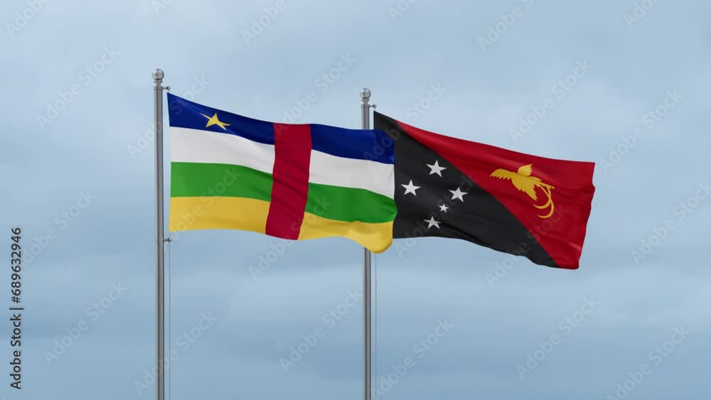 Papua New Guinea flag and Central Africa flag waving together on cloudy sky, endless seamless loop, two country relations concept Papua New Guinea flag and Central Africa flag waving together on cloudy sky, endless seamless loop, two country relations concept