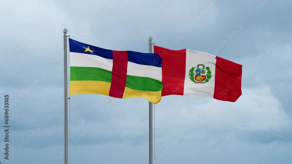 Peru and Central Africa flag waving together on cloudy sky, endless seamless loop, two country cooperation concept Peru and Central Africa flag waving together on cloudy sky, endless seamless loop, two country cooperation concept