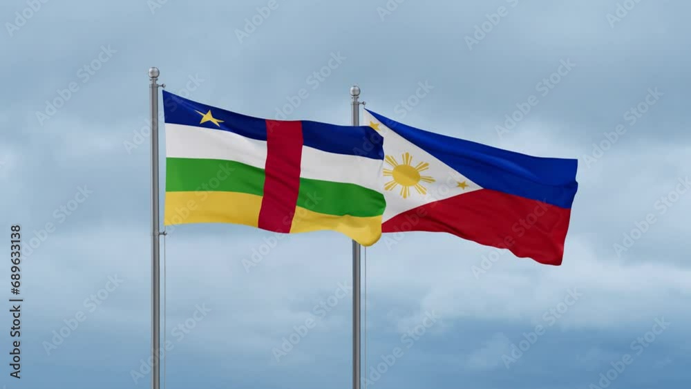 Philippines and Central Africa flag waving together on cloudy sky, endless seamless loop, two country cooperation concept Philippines and Central Africa flag waving together on cloudy sky, endless seamless loop, two country cooperation concept