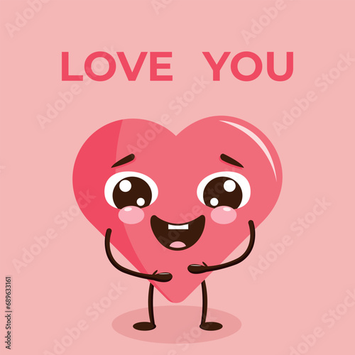 Cute card with cartoon red heart in kawaii style for Valentine's Day