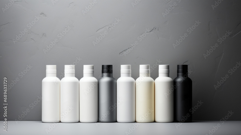 Hair care set: cosmetic skincare products. Shampoo, oil, butter, and conditioner. Realistic cosmetics product bottles, tubes, and plastic containers. Product placement mock-ups Hair care set: cosmetic skincare products. Shampoo, oil, butter, and conditioner. Realistic cosmetics product bottles, tubes, and plastic containers. Product placement mock-ups