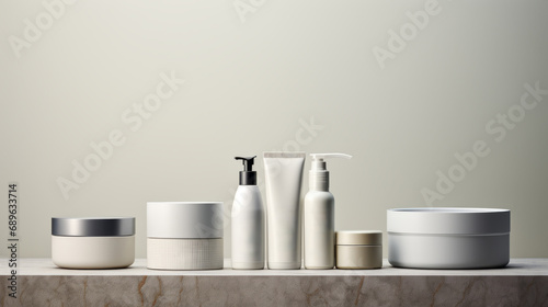 Hair care set: cosmetic skincare products. Shampoo, oil, butter, and conditioner. Realistic cosmetics product bottles, tubes, and plastic containers. Product placement mock-ups