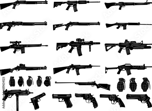 set of military weapons, silhouette icon on white background, vector