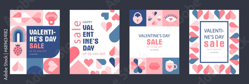 Happy Valentines Day Sale, February 14th. Set of vector illustrations for banner, posters, holiday cover . Abstract design with romantic decorative elements. Modern minimalist geometric style.
