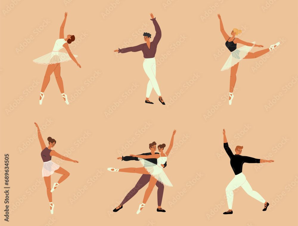Isolated set of male and female ballet dancers - obrazy, fototapety, plakaty 