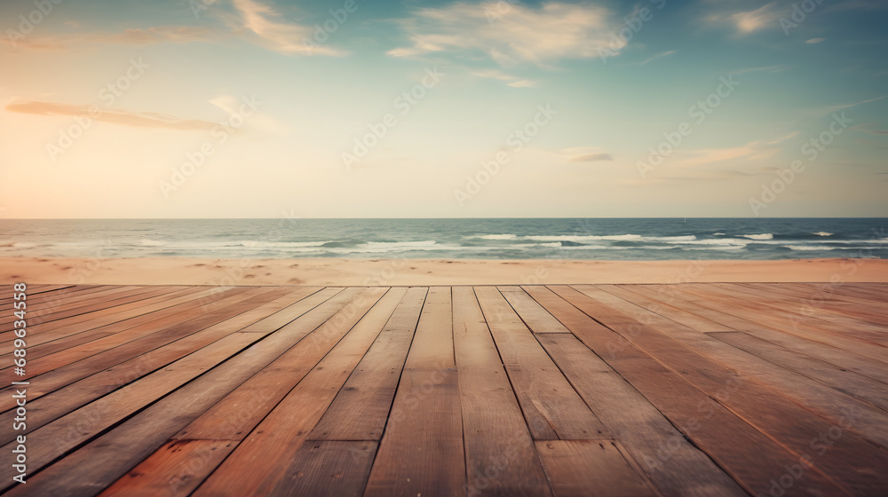 wooden deck leading to a beautiful beach with clear sky in summer