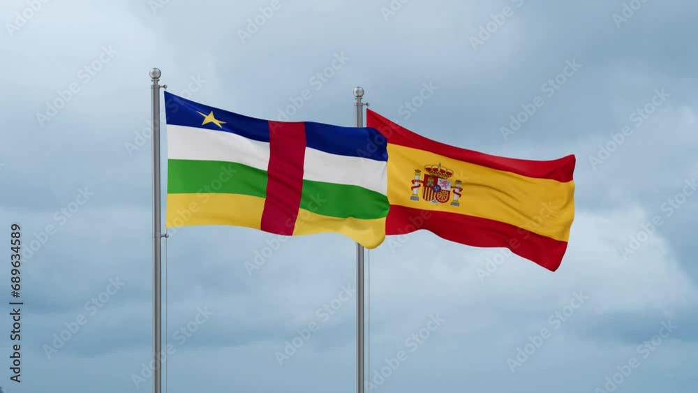 Spain and Central Africa flag waving together on cloudy sky, endless seamless loop, two country cooperation concept Spain and Central Africa flag waving together on cloudy sky, endless seamless loop, two country cooperation concept