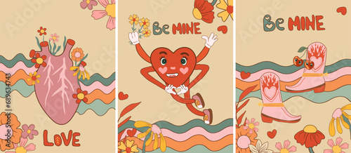 Retro Valentine's Day cards collection. Features cartoon groovy romantic elements and holiday hippie characters. Ideal as love stickers for posters and cards. Vector illustration