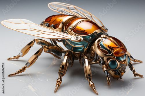 Artwork of a liquid metal wasp and white background. Generative AI.