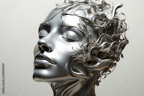 Artwork of a human head made of liquid metal and white background. Generative AI.