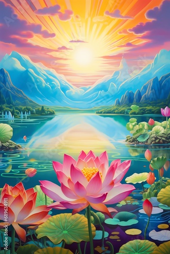 a painting of a lake with flowers and mountains in the background