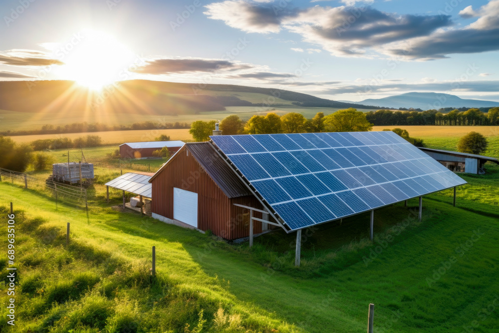 Sunset Over Farm with Solar Energy Panels