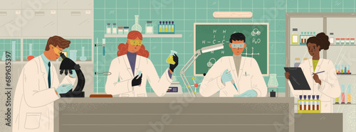 Team of scientists working at laboratory vector illustration