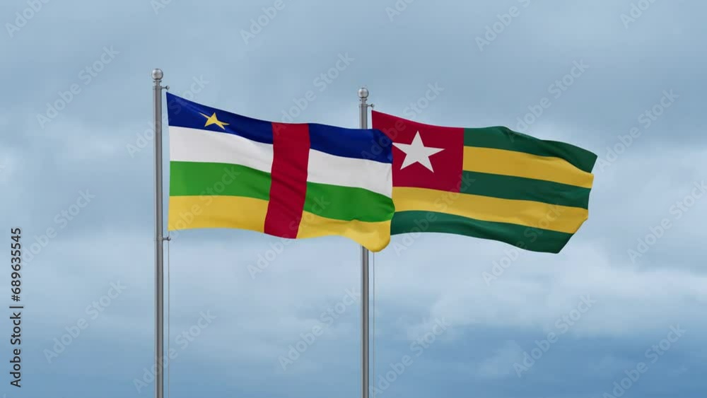 Togo, Togolese Republic and Central Africa flag waving together on cloudy sky, endless seamless loop, two country cooperation concept Togo, Togolese Republic and Central Africa flag waving together on cloudy sky, endless seamless loop, two country cooperation concept
