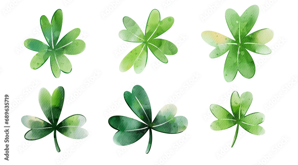 Set of clover, trefoil, isolated on the white background, traditional symbol of luck for Happy Saint Patrick Day. Digital watercolor illustration. Set of clover, trefoil, isolated on the white background, traditional symbol of luck for Happy Saint Patrick Day. Digital watercolor illustration.