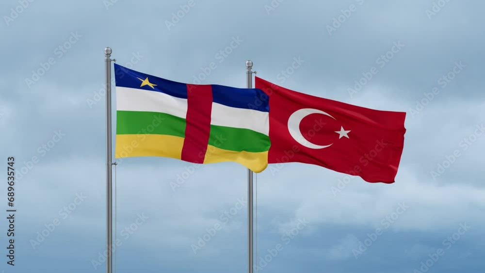 Republic of Turkey and Central Africa flag waving together on cloudy sky, endless seamless loop, two country cooperation concept Republic of Turkey and Central Africa flag waving together on cloudy sky, endless seamless loop, two country cooperation concept