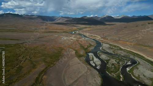Aerial landscape view of beautiful Deosai plains. A freshwater stream flows through the Deosai National Park Gilgit Baltistan Pakistan.