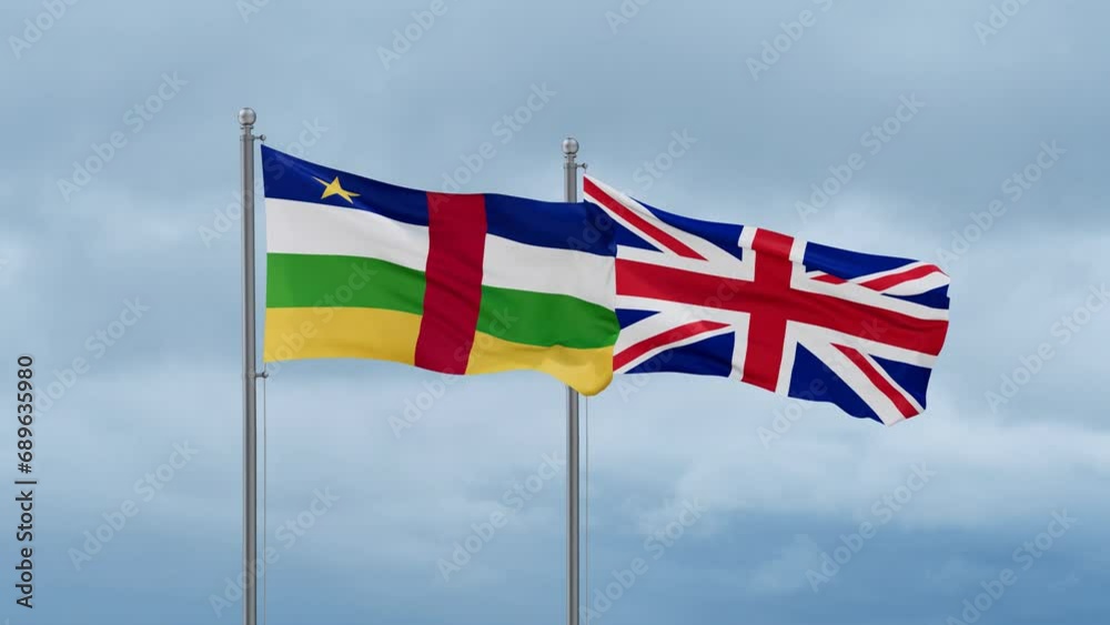 United Kingdom and Central Africa flag waving together on cloudy sky, endless seamless loop, two country cooperation concept