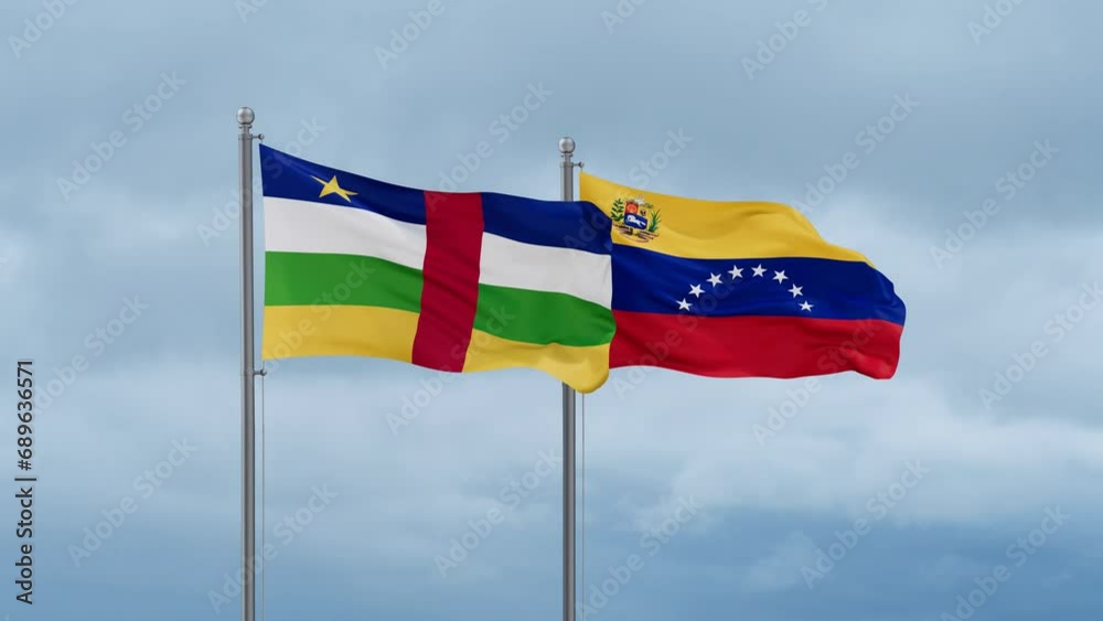 Venezuela and Central Africa flag waving together on cloudy sky, endless seamless loop
