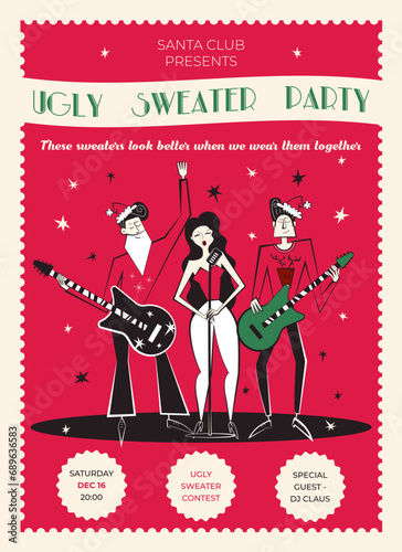 Ugly sweater party invitation. Trendy retro 60s - 70s style Christmas party poster.  Vector illustration with musical band in ugly sweaters. 