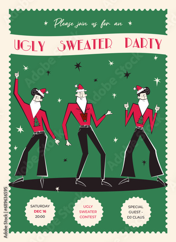 Ugly sweater party invitation. Trendy retro 60s - 70s style Christmas party poster. Vector illustration with dancing Santas in ugly sweaters. 