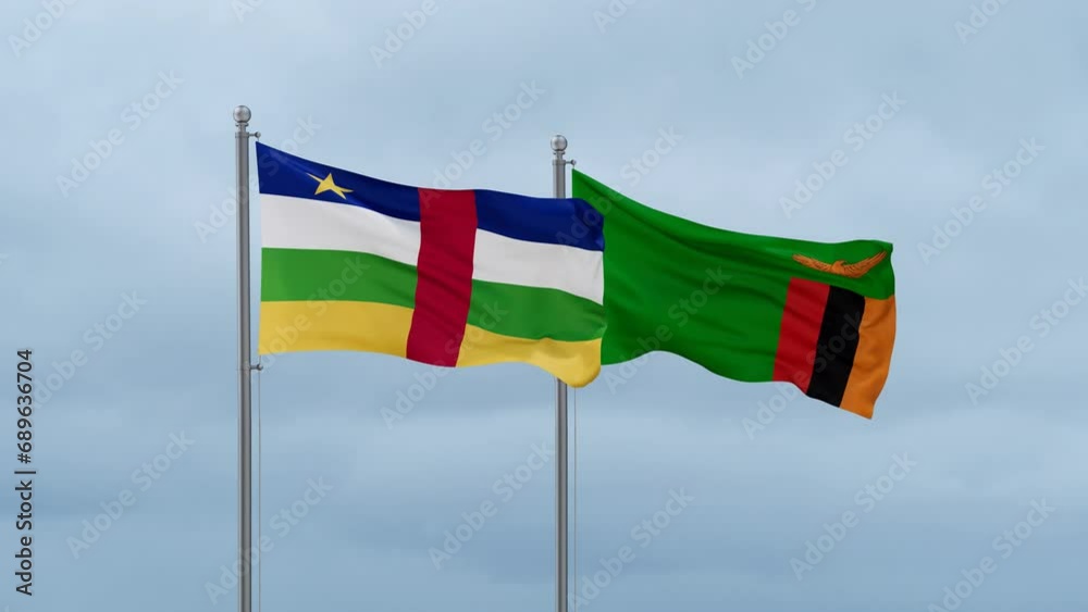 Zambia and Central Africa flag waving together on cloudy sky, endless seamless loop, two country cooperation concept Zambia and Central Africa flag waving together on cloudy sky, endless seamless loop, two country cooperation concept