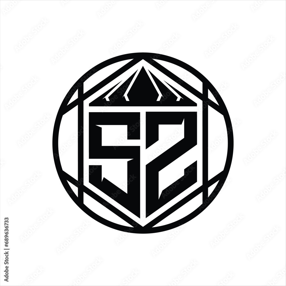 SZ Letter Logo monogram hexagon slice crown sharp shield shape isolated circle abstract style design SZ Letter Logo monogram hexagon slice crown sharp shield shape isolated circle abstract style design