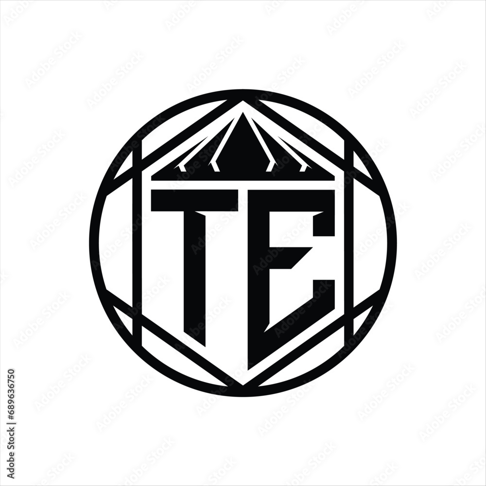 TE Letter Logo monogram hexagon slice crown sharp shield shape isolated circle abstract style design TE Letter Logo monogram hexagon slice crown sharp shield shape isolated circle abstract style design