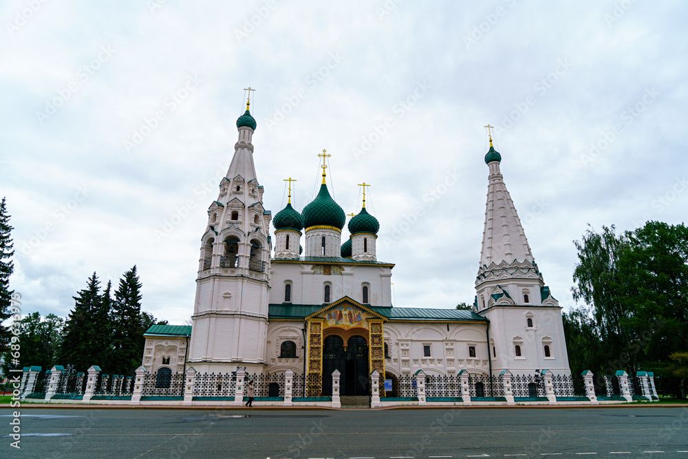 Yaroslavl, Russia - August 13, 2020: Temple of Elijah the Prophet. Soviet square