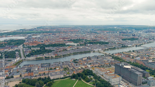 Copenhagen, Denmark. Copernhagen lakes. Panorama of the city center in cloudy weather. Summer day, Aerial View