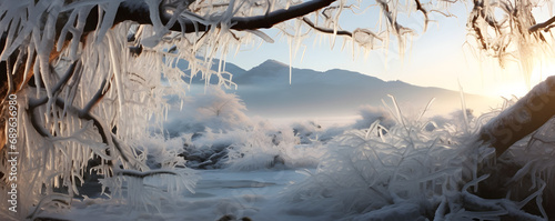cold winter in the forest with ice forming on branches and sunlight in the background photo