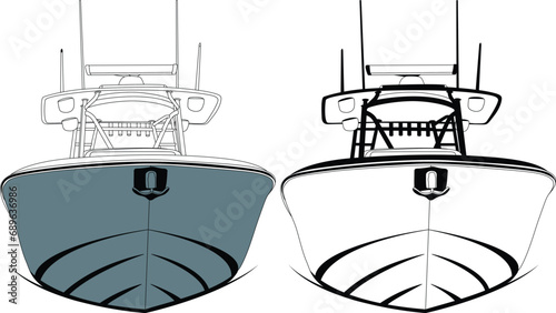 Front view fishing boat vector line art illustration. photo