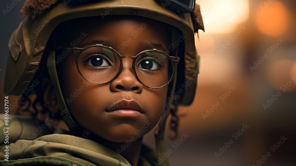 A child in military uniform. Sad child soldier at war. No war idea.