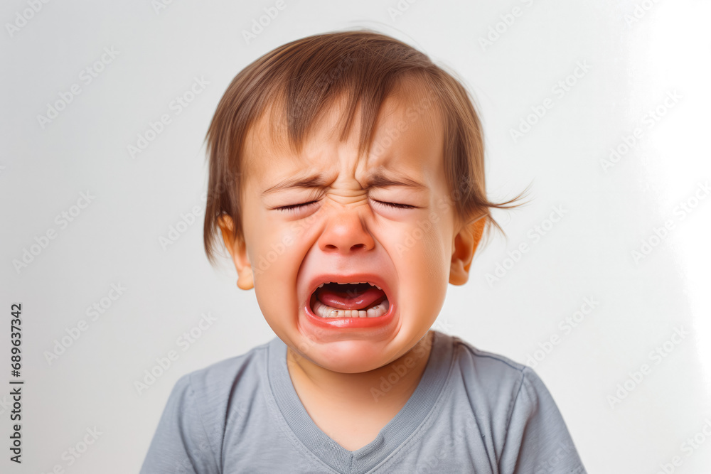 Cute little baby, white, caucasian, crying and screaming isolated on white background. Close up. Sad and in pain. Cute little baby, white, caucasian, crying and screaming isolated on white background. Close up. Sad and in pain.