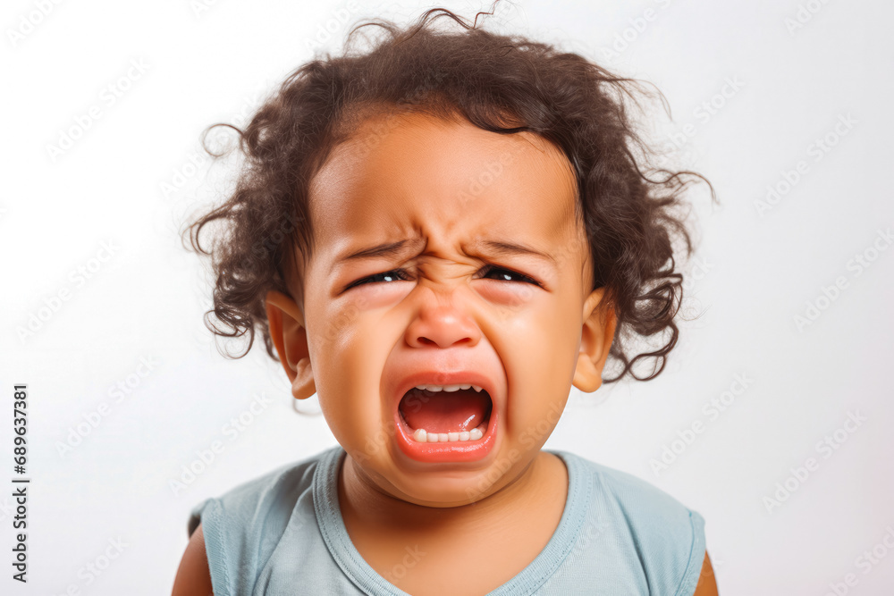 Cute little baby mixed race, afro american crying and screaming isolated on white background. Close up. Sad and in pain. Cute little baby mixed race, afro american crying and screaming isolated on white background. Close up. Sad and in pain.