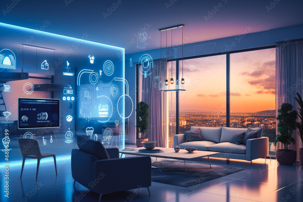 Concept art of a digital smart technology in a house, flat. Holograph ...